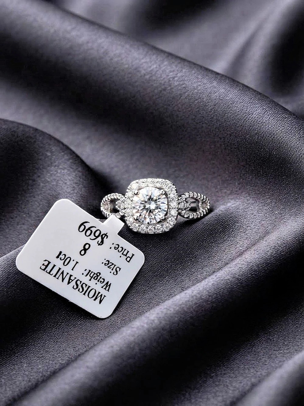 Moissanite Halo Ring in Silver Size 8 NWT